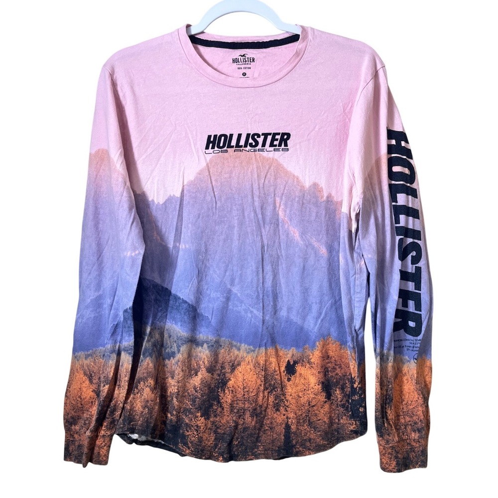 Men's Hollister Graphic Scenic Long Sleeve Tee Medium Spell-Out Mountain